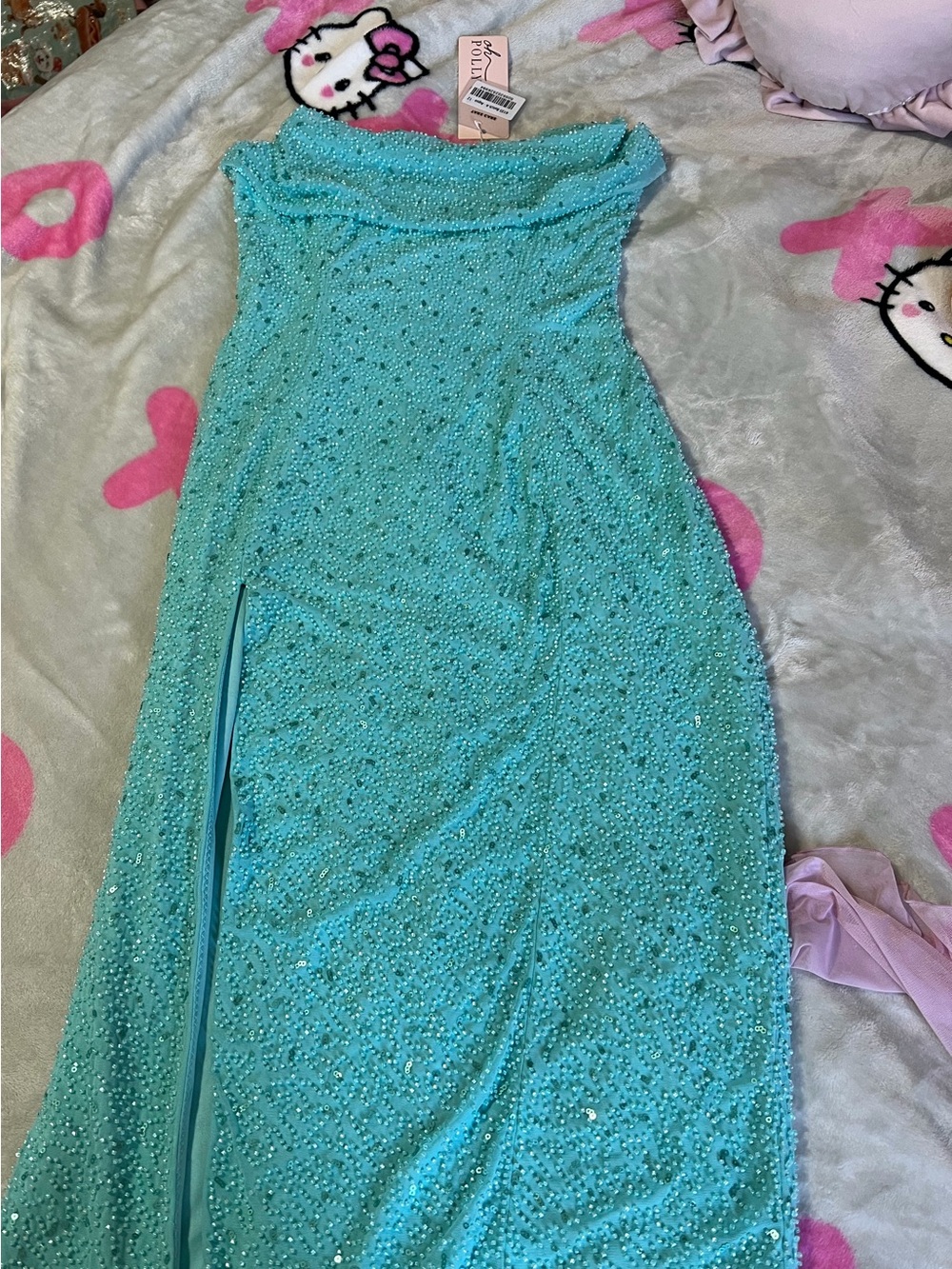 Oh Polly Turquoise Sequin Cowl Neck Girls Dress - Picture 2 of 5